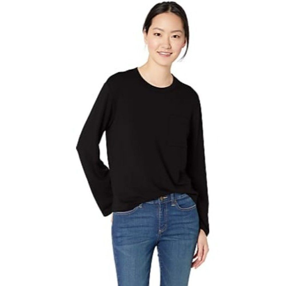 Daily Ritual Womens Black Long Sleeve Round Neck Pockets Casual T Shirt Size XXL